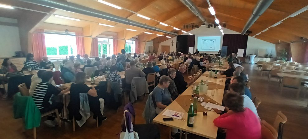 EA-Fortbildung: Ehrenamtlich Tätige sitzen in großen Saal beim Dia-Vortrag.